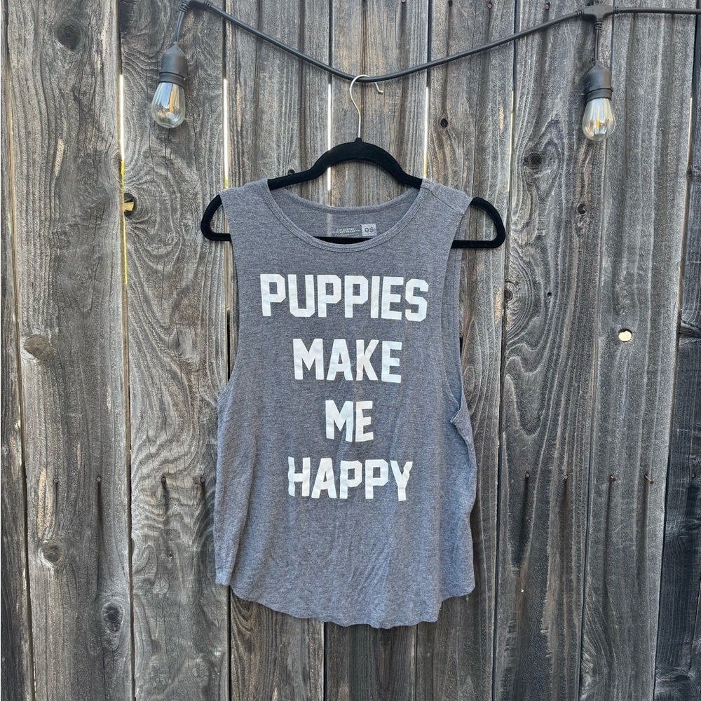 Heather Grey and White Sleeveless Oversized Puppies Make Me Happy Muscle Tank
